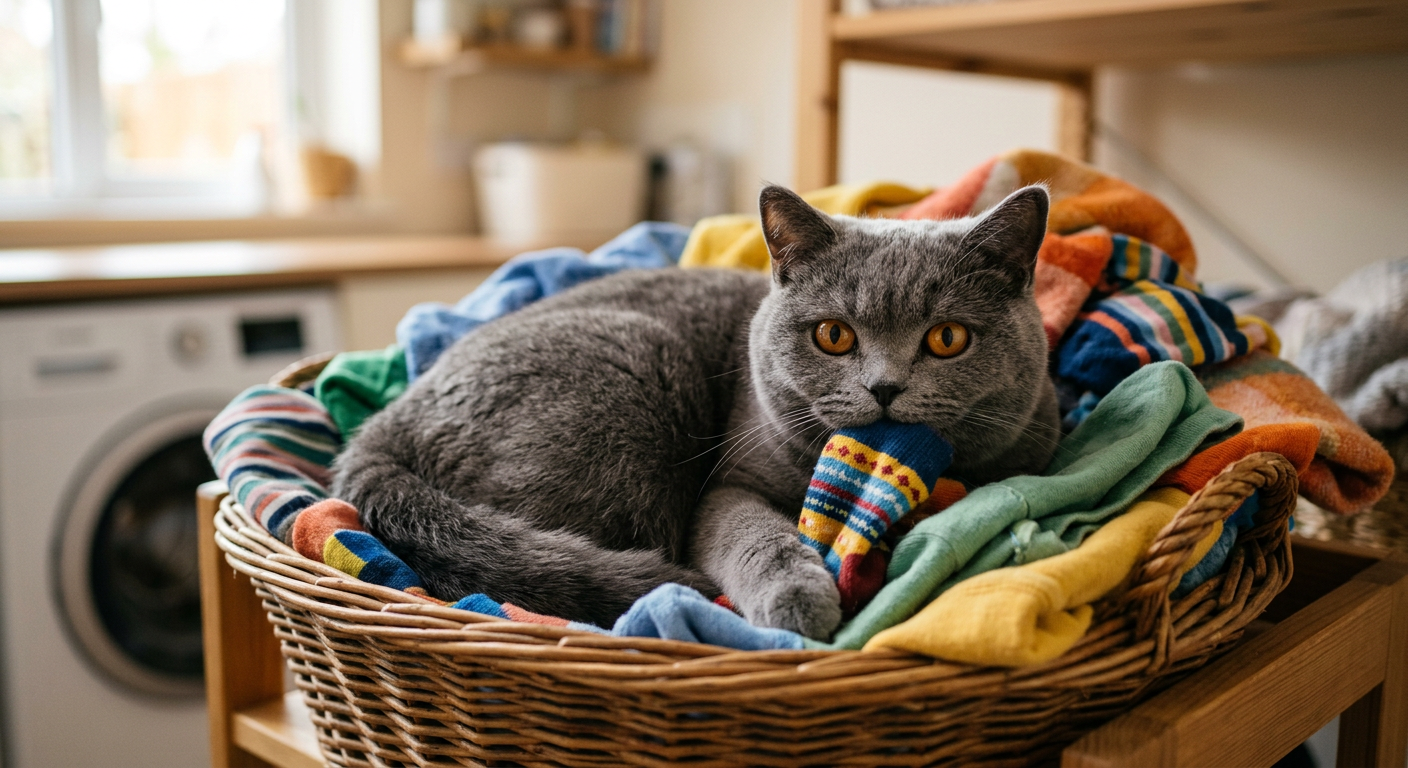 A fluffy British Shorthair cat curled up in a laundry basket with a sock in its mouth.