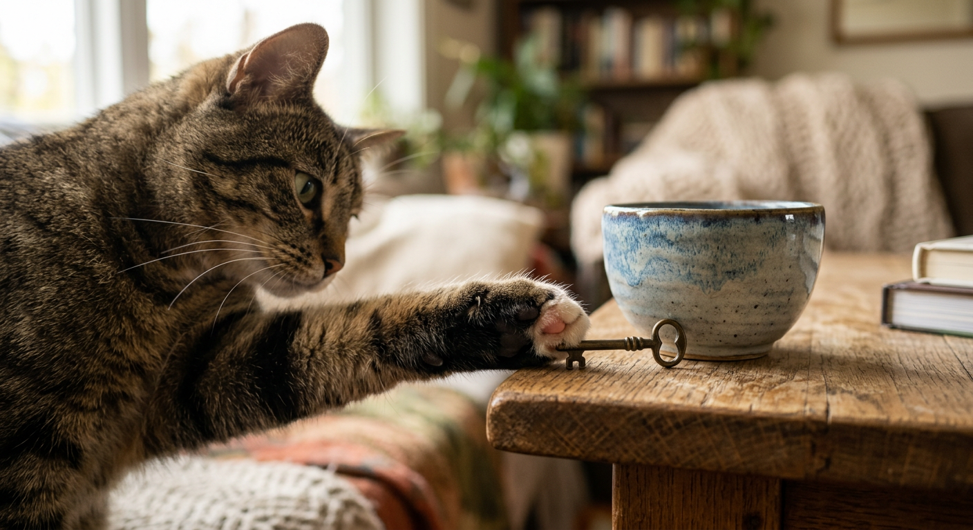 A curious ginger cat using its paw to gently nudge a pencil toward the edge of a wooden table.