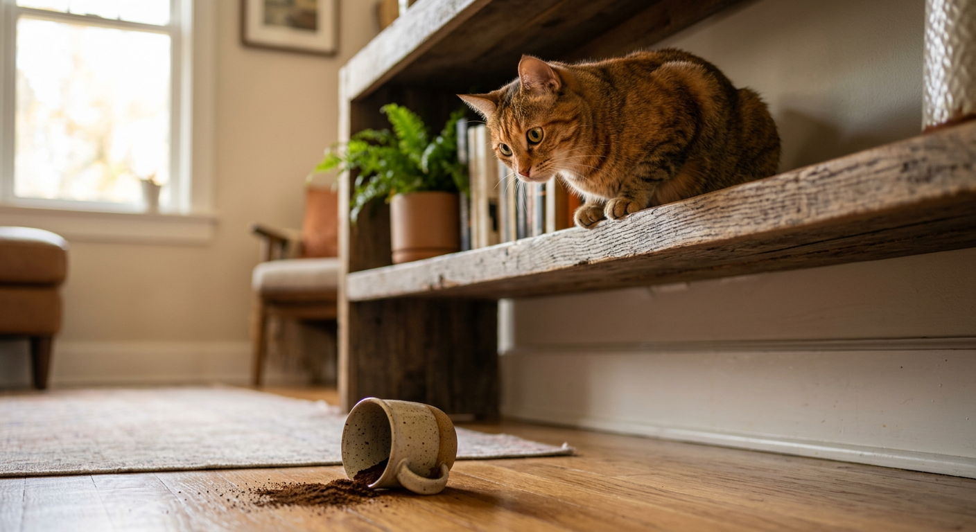 A black and white cat sitting on a high shelf looking down at the floor after knocking over a toy.