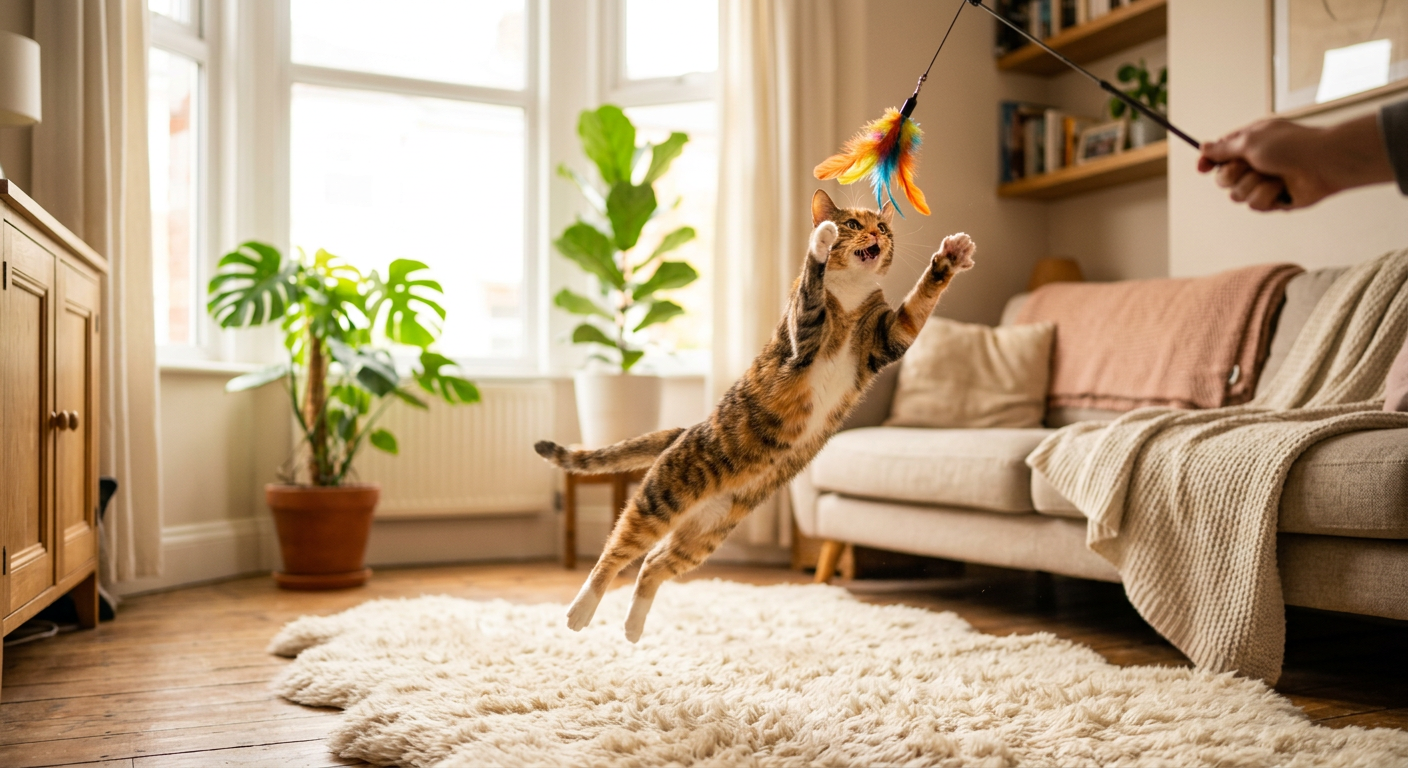An owner playing with a cat using a colorful feather wand toy to provide exercise and engagement.