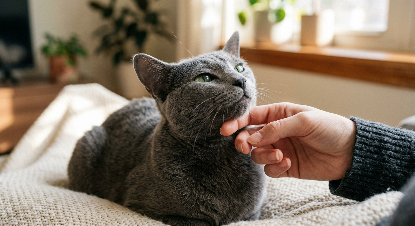 A close up of a relaxed Russian Blue cat purring while being petted by a person.