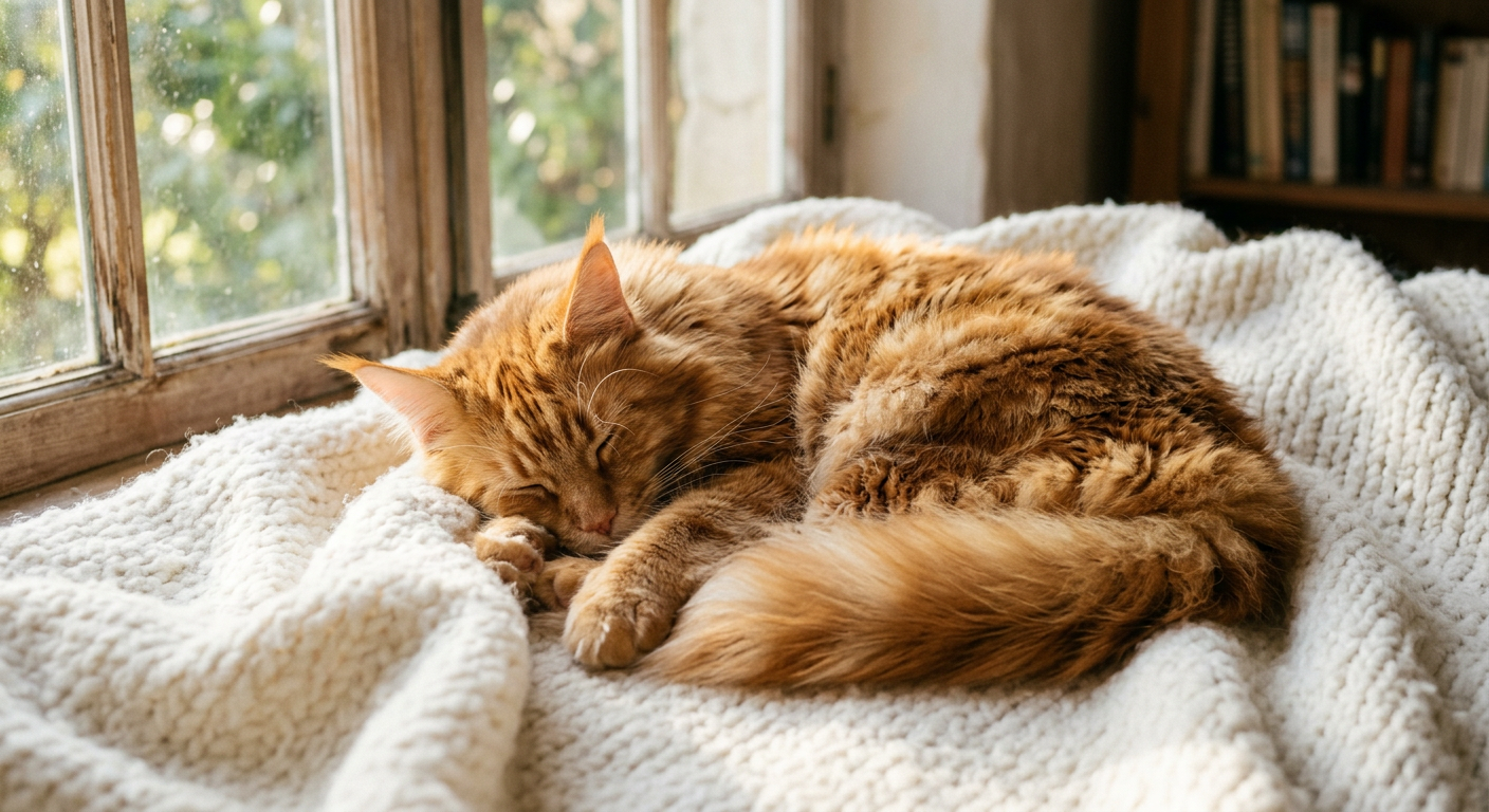 A ginger tabby cat purring while resting on a soft blanket in a sunbeam.