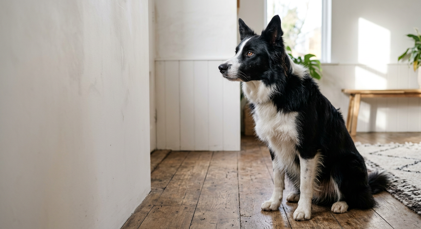 A black and white Border Collie sitting in a living room staring intently at a sunlit wall.