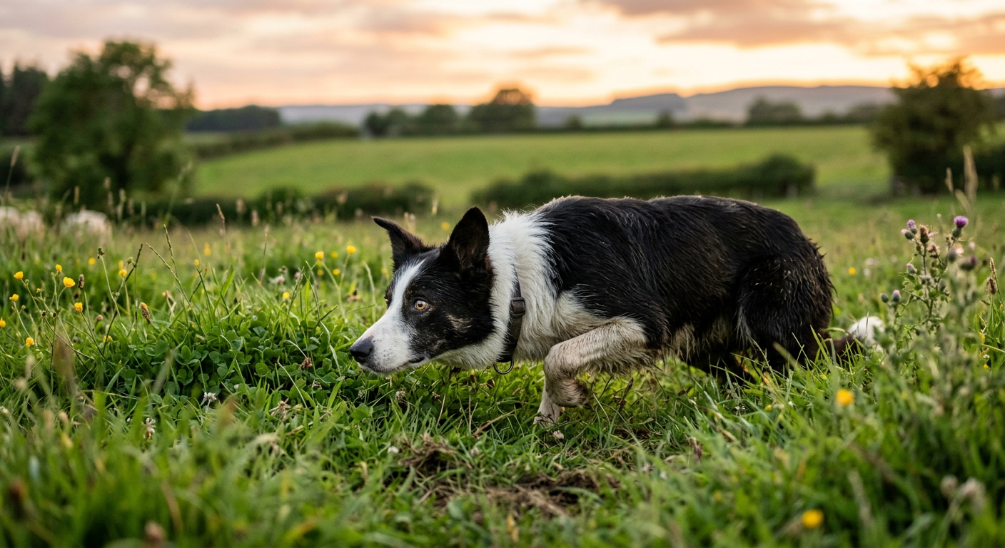A Border Collie in a grassy field looking focused and alert as if working.