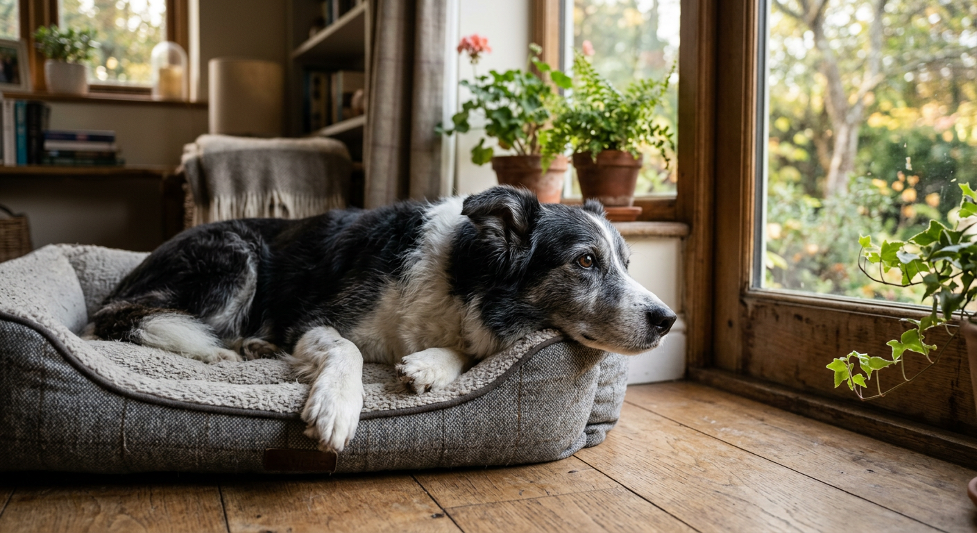 A senior Border Collie resting its head and looking calmly into the distance.