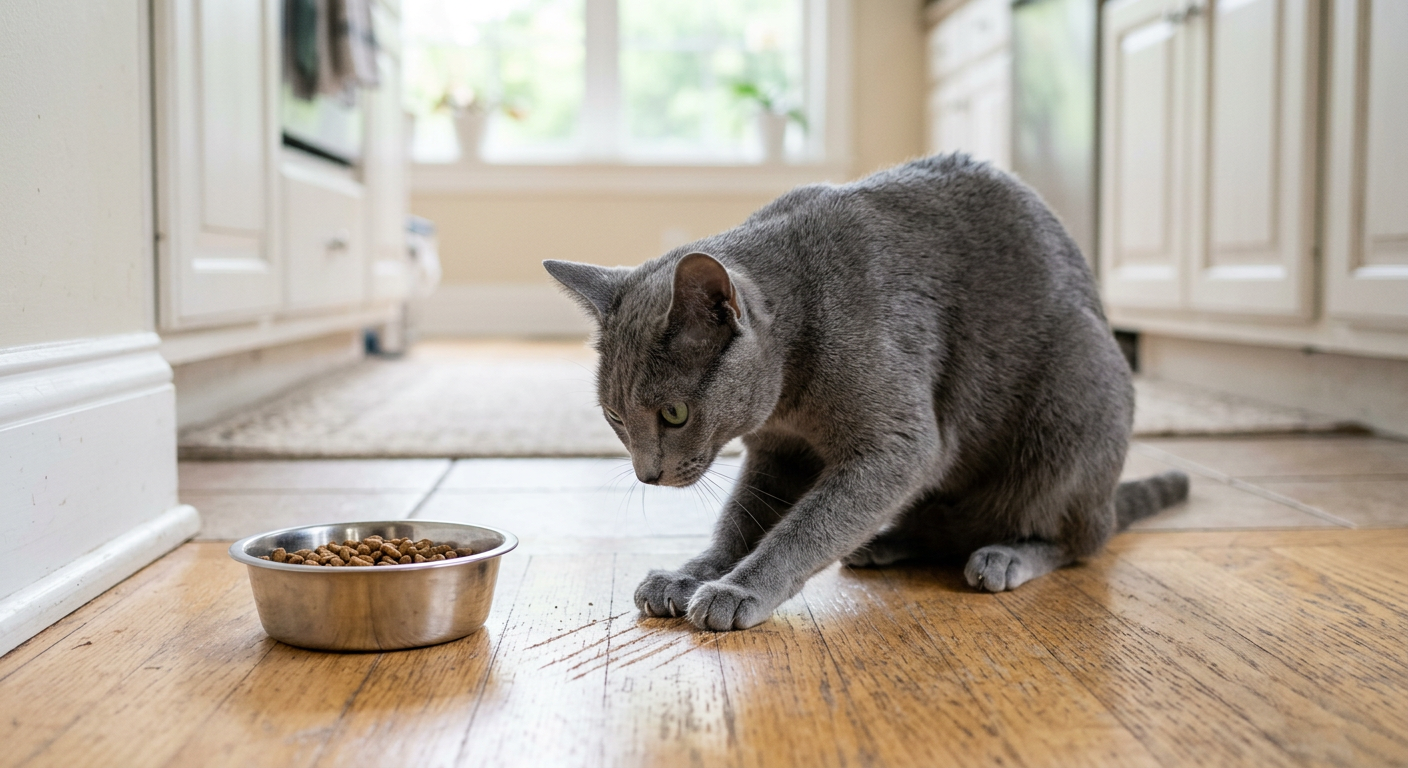 A sleek Russian Blue cat using its front paw to scratch the wooden floor next to a ceramic food dish.