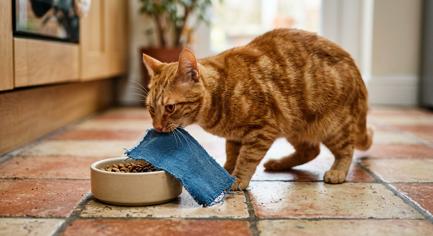 An orange tabby cat attempting to pull a small kitchen rug over its bowl of dry kibble.