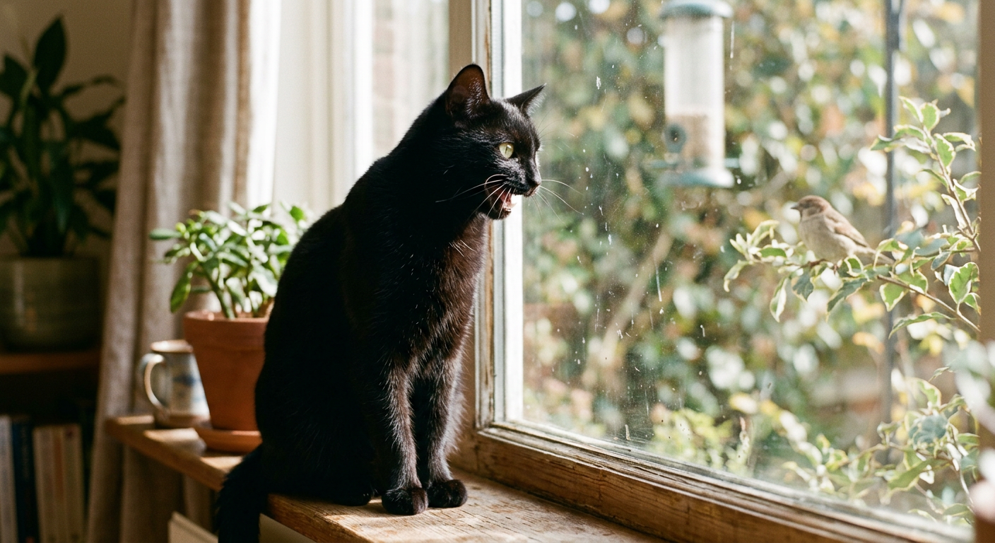 A Siamese cat sitting on a wooden windowsill looking intently through the glass at a bird outside.