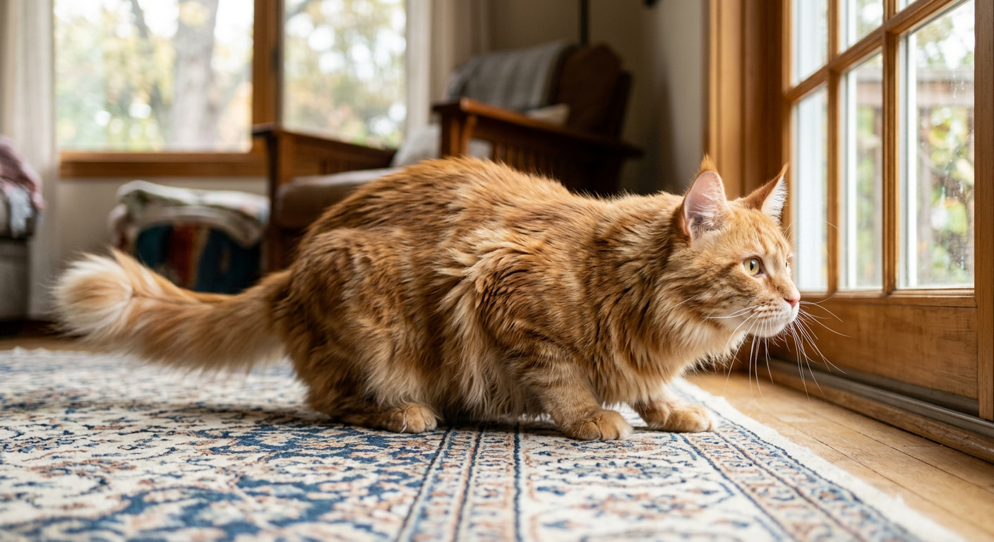 A fluffy orange tabby cat crouched low on a carpet, staring at a window with a twitching tail.