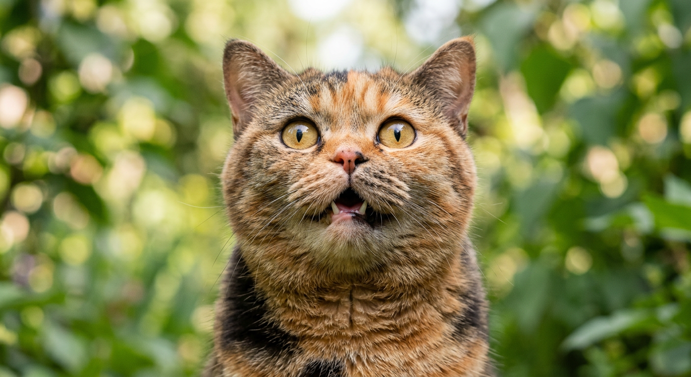 Close up of a Calico cat's face with dilated pupils and an open mouth making a chirping sound.