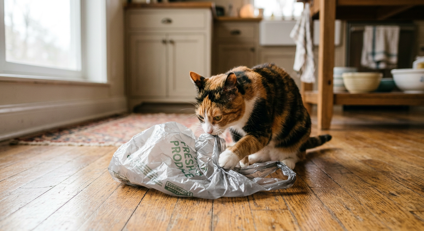 A curious calico cat sniffing and pawing at a crinkly plastic grocery bag on a kitchen floor.