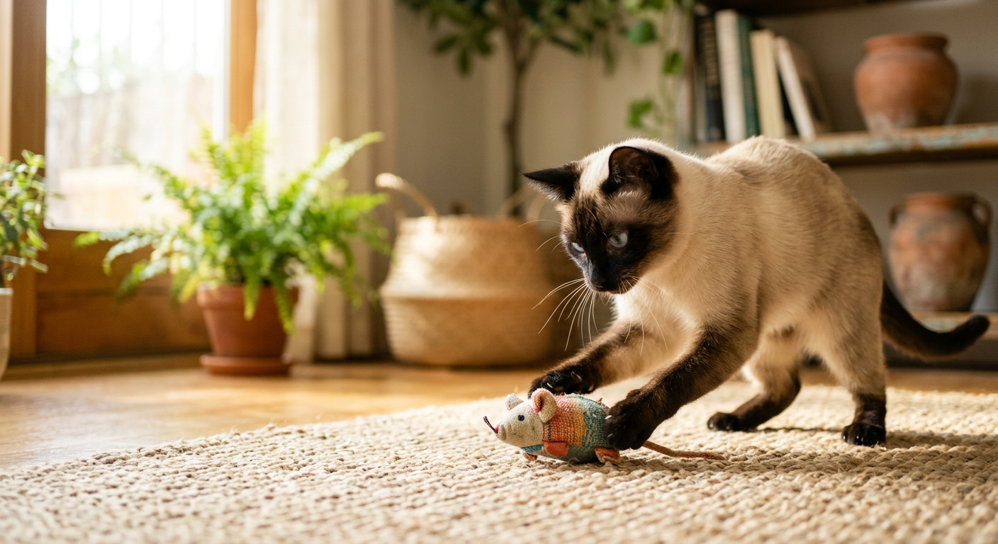 A playful Siamese cat batting around a crinkle toy that looks like a small plush animal.