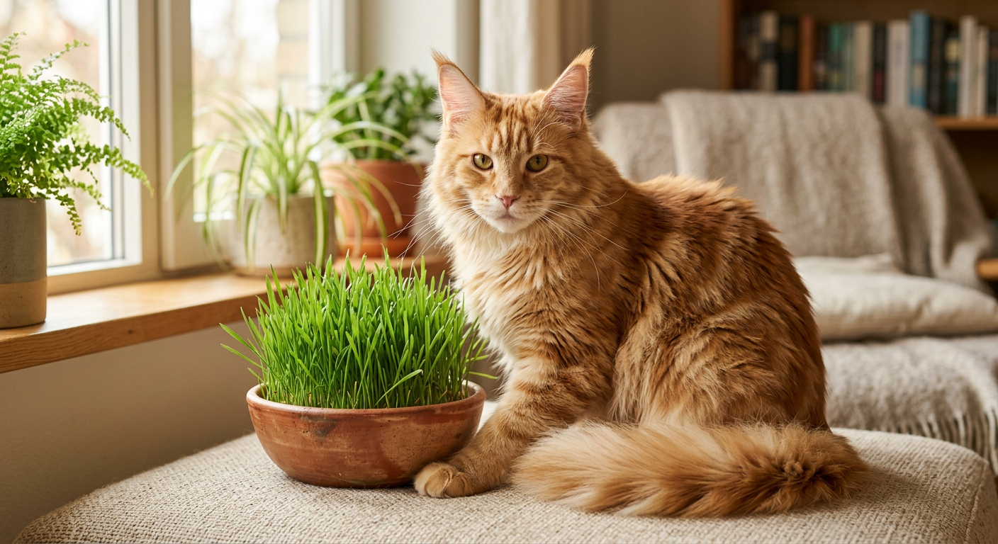 A healthy ginger tabby cat sitting calmly next to a bowl of fresh cat grass in a sunlit room.