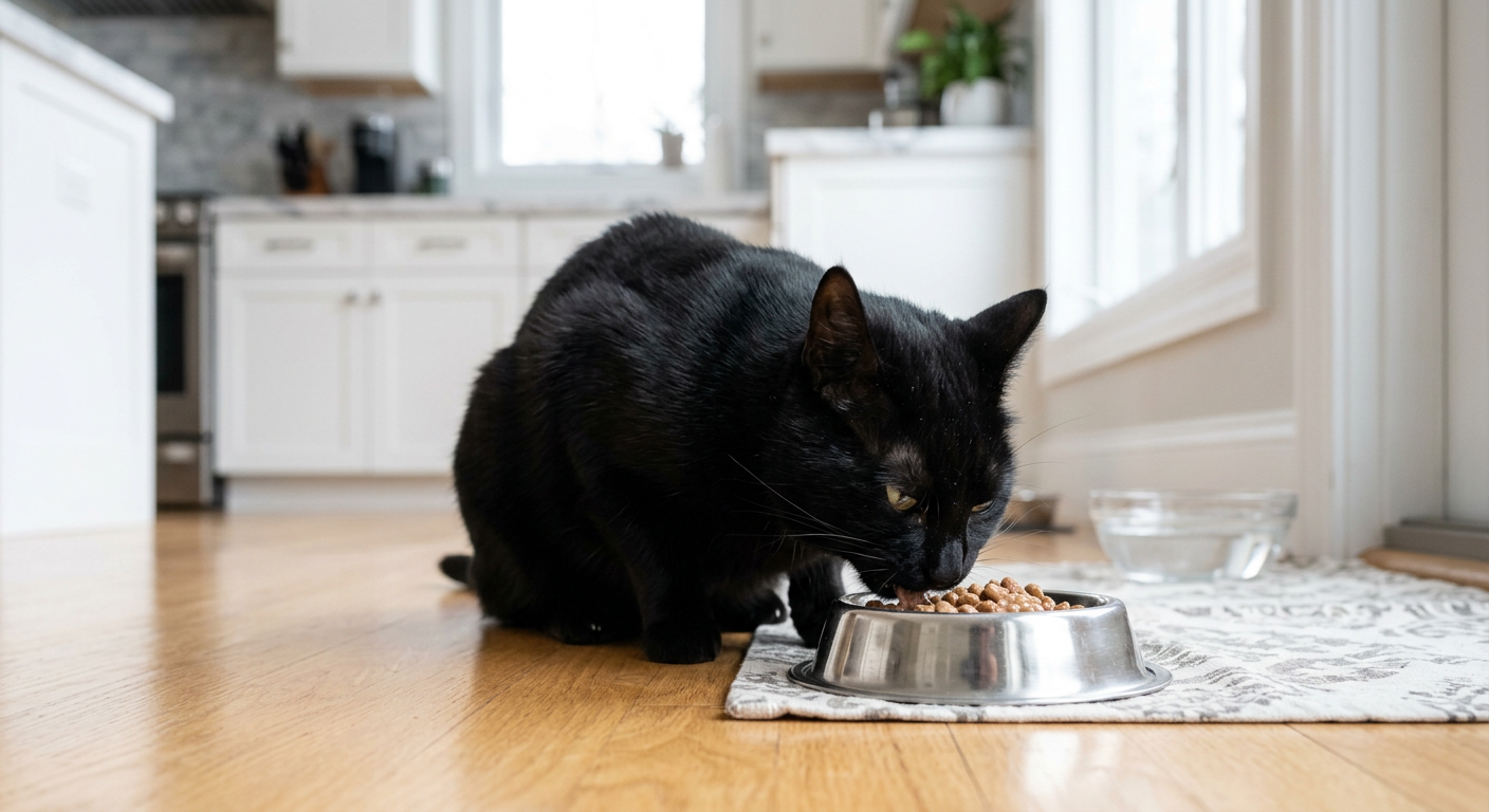 A ginger tabby cat hunched over a silver bowl eating very quickly in a kitchen setting.
