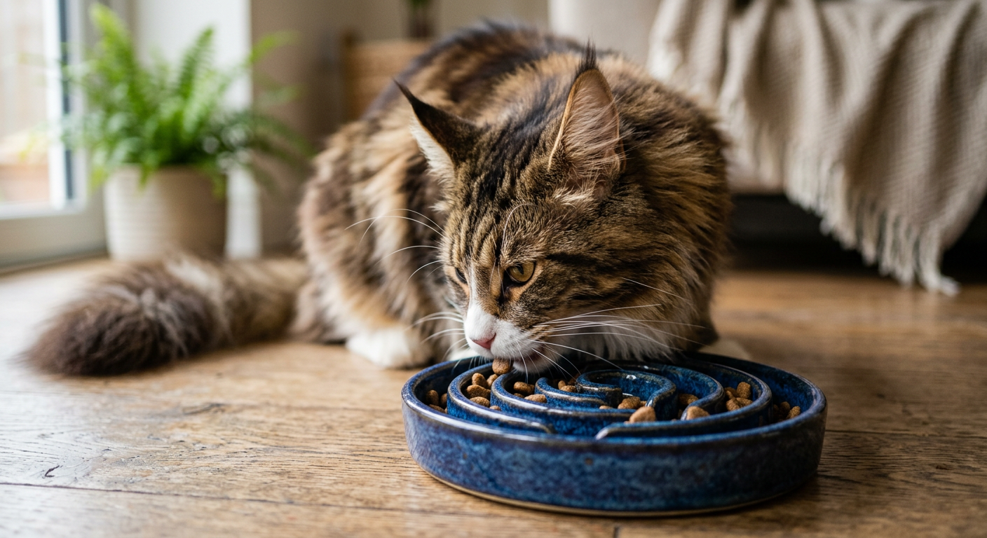 A blue ceramic slow feeder cat bowl with ridges and kibble scattered inside to prevent fast eating.