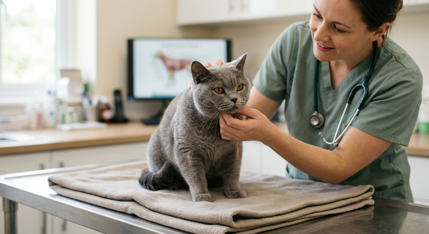 A calm Siamese cat sitting on a vet exam table while a veterinarian gently checks its heartbeat.