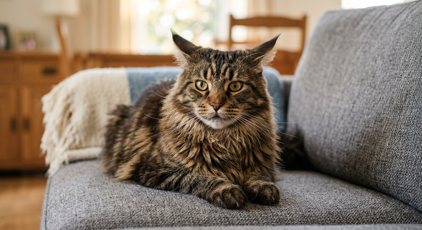 A domestic tabby cat with ears slightly tilted back in an airplane ears position while sitting on a sofa.