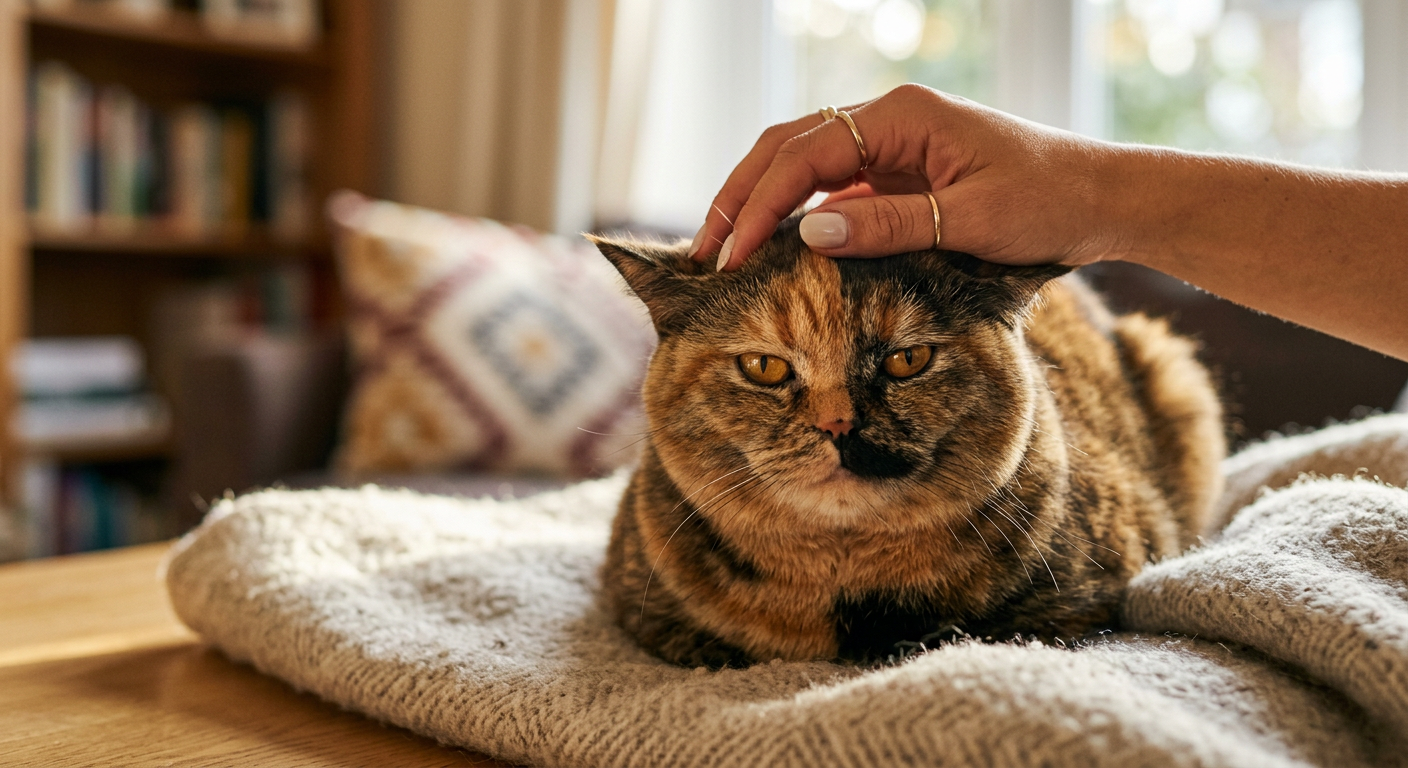 A person gently petting a tortoiseshell cat that is beginning to flatten its ears.