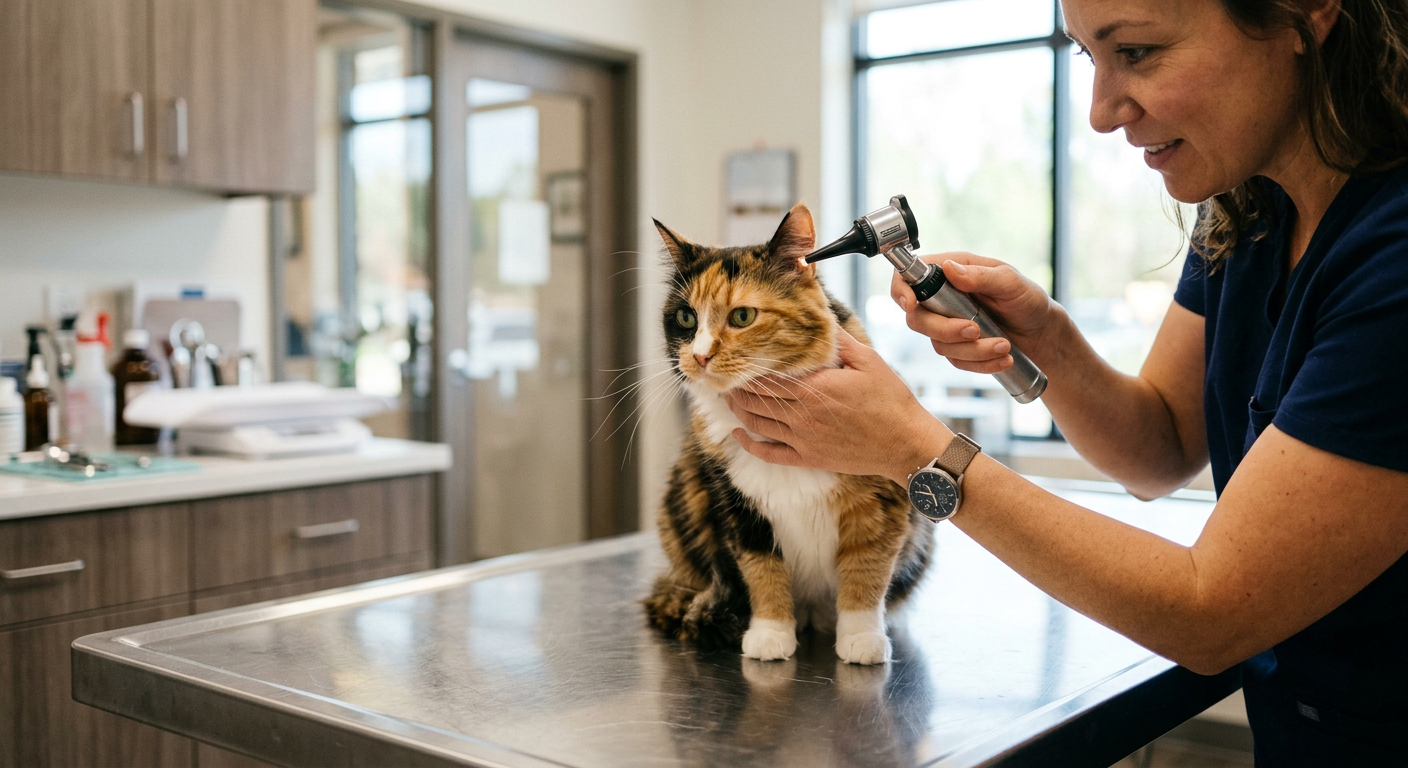 A calico cat having its ears checked by a veterinarian in a bright clinic.