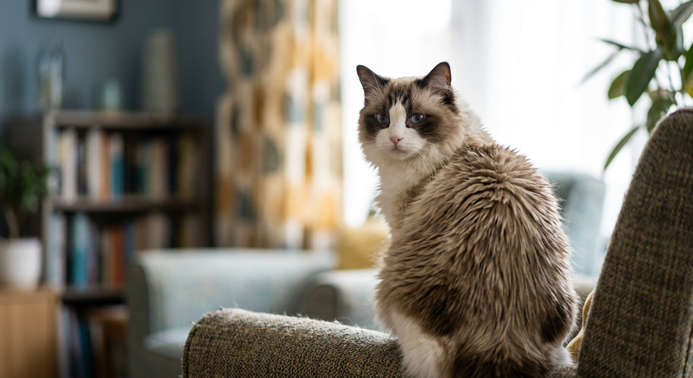 A fluffy Ragdoll cat sitting on a wooden floor, looking slightly unkempt with separated, oily fur patches along its back.