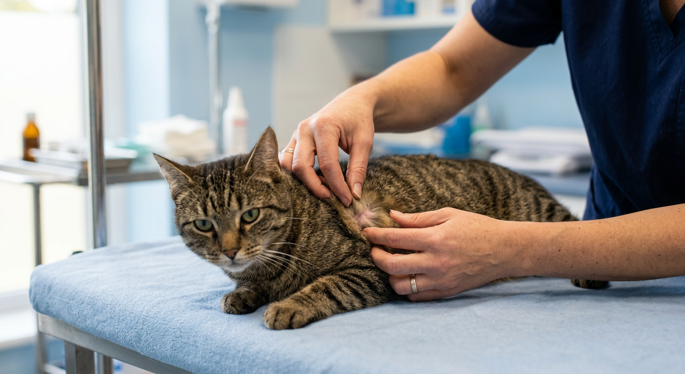 A veterinarian gently examining the skin and coat of a domestic shorthair cat on a metal exam table.