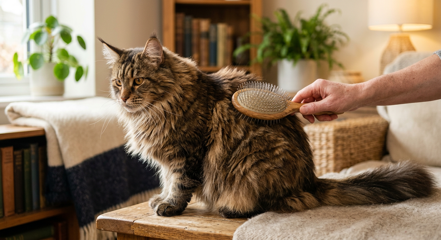 A person using a soft grooming brush on a Persian cat to help remove excess oils from its long fur.