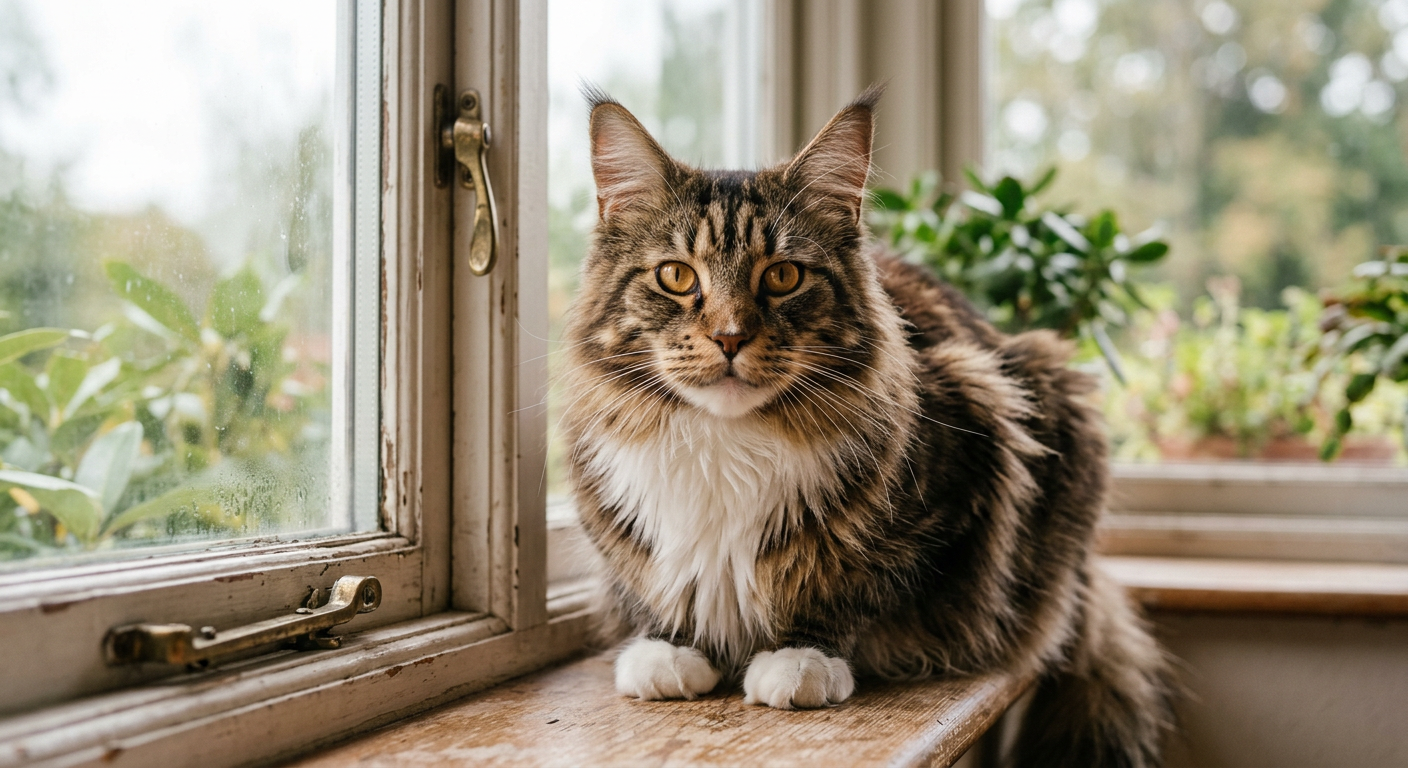 A close-up of a fluffy Maine Coon cat with clear bright eyes sitting in morning sunlight.