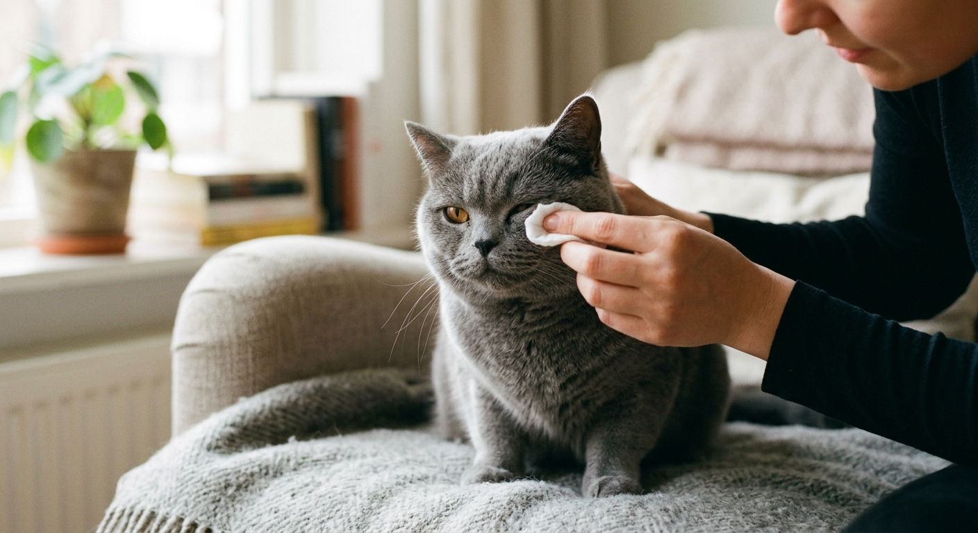 A person gently cleaning a British Shorthair cat's face with a damp soft cloth.