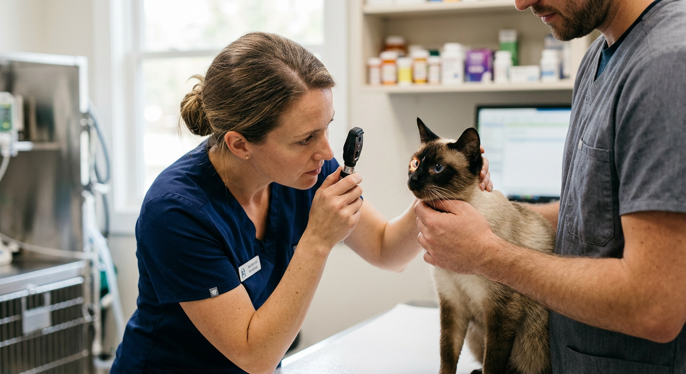 A veterinarian examining a Siamese cat's eyes with a professional light tool.