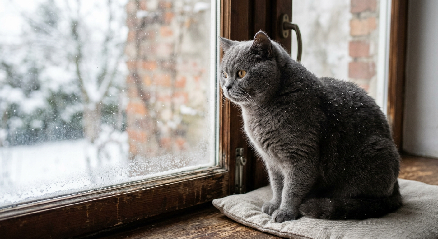 A fluffy grey British Shorthair cat sitting near a window with snow outside, showing small white flakes on its back.