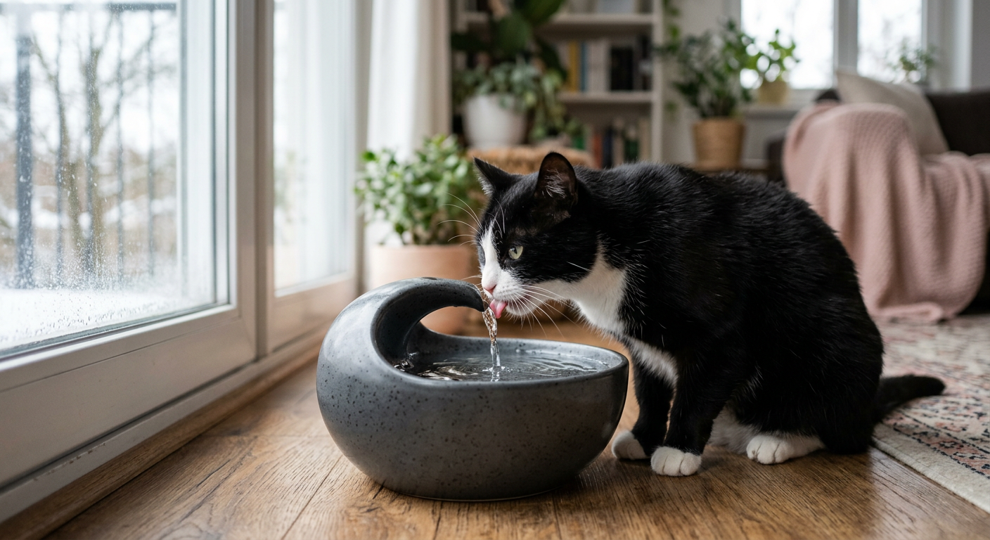 An orange tabby cat drinking from a ceramic pet water fountain in a cozy living room.