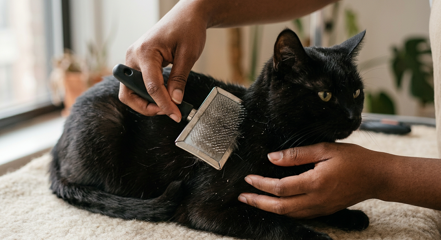 A pair of hands gently brushing a long-haired Ragdoll cat with a soft grooming brush.