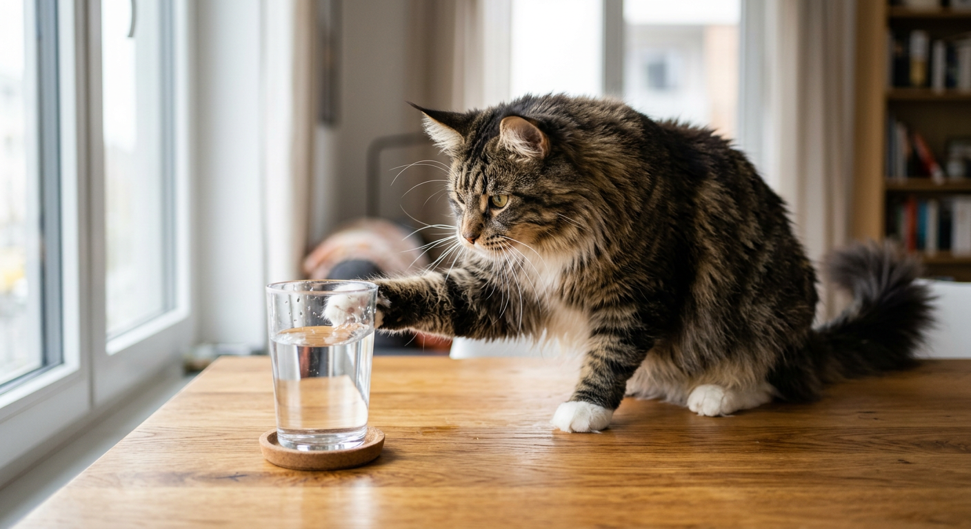 A sleek Siamese cat sitting on a wooden table looking intensely at a small glass as it paws the edge.