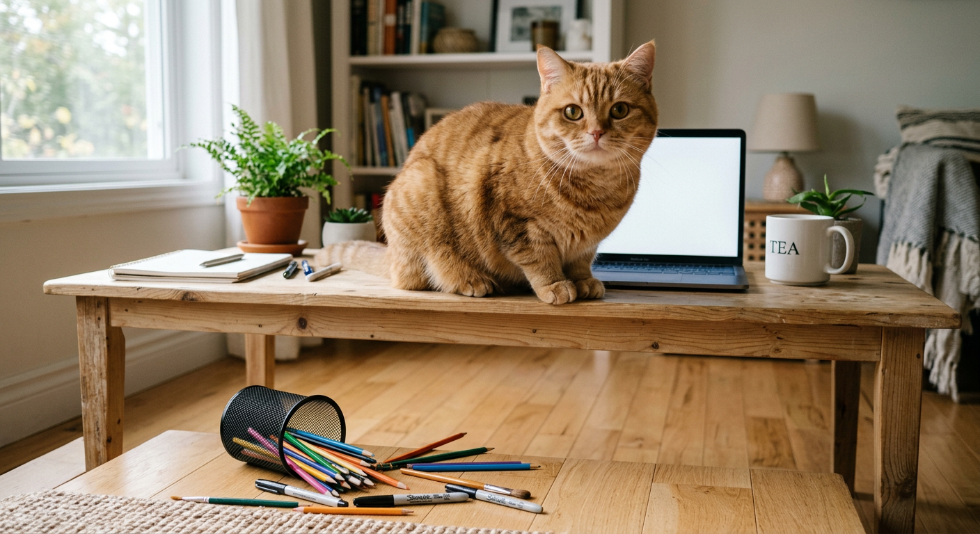 A mischievous ginger tabby cat looking at its owner after knocking a pencil off a white desk.