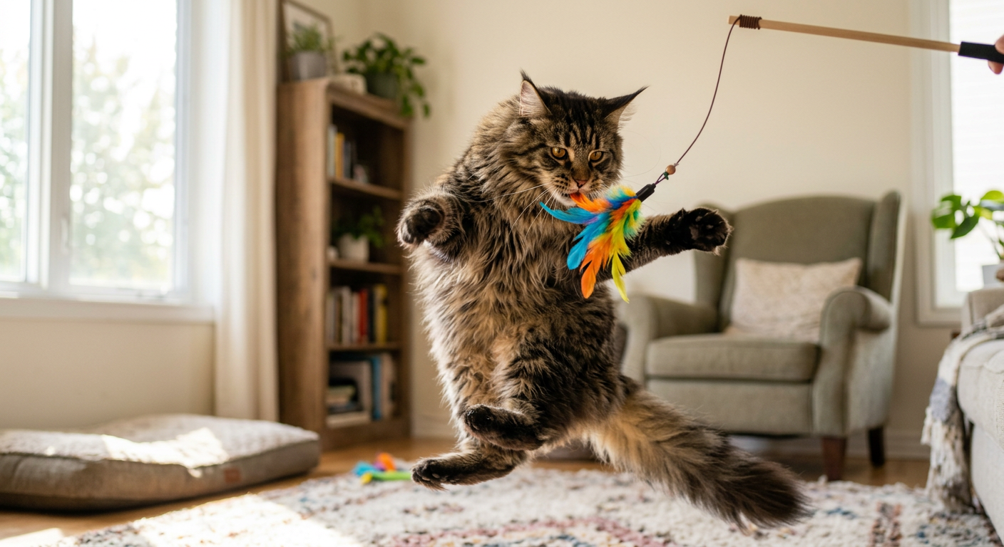 A fluffy Maine Coon cat playing with a feather wand toy on a rug to redirect energy.