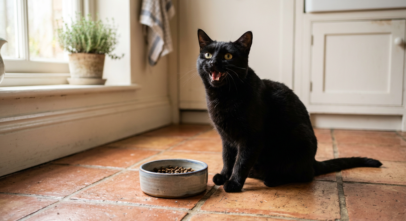 A vocal domestic shorthair cat sitting next to an empty food bowl in a kitchen setting.