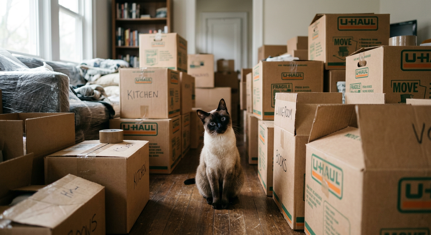 A curious cat sitting among cardboard moving boxes in a living room.