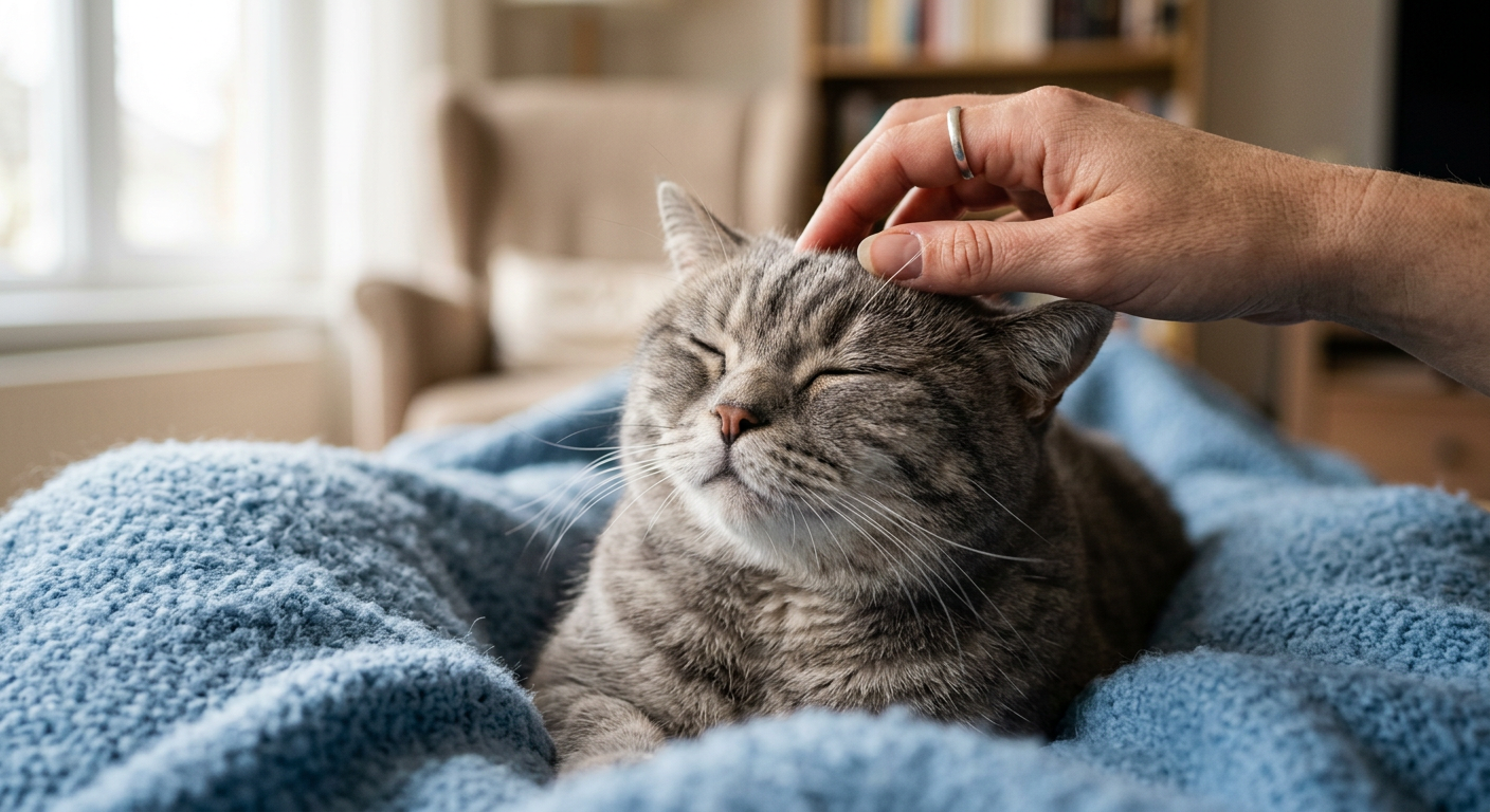 A person gently stroking a calm tabby cat to provide comfort.