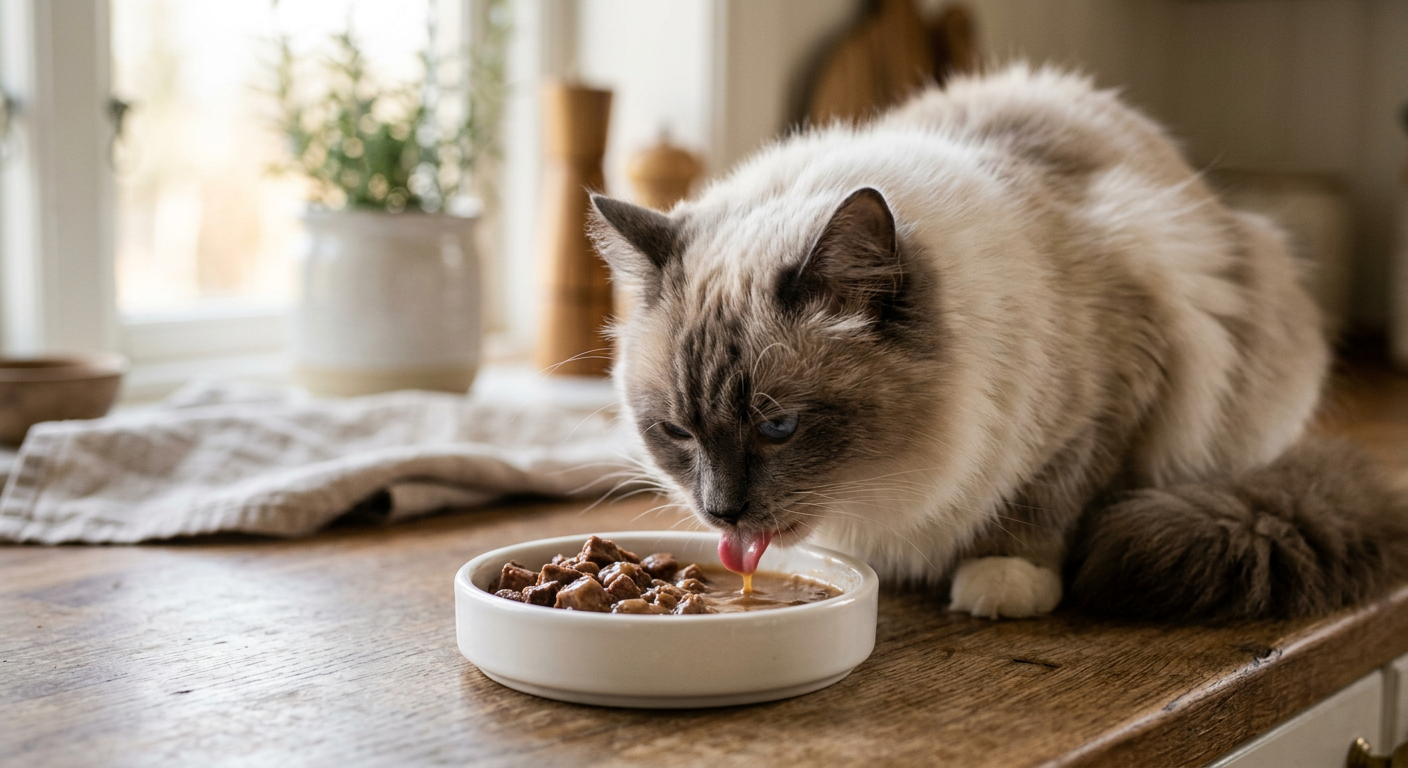 A fluffy Ragdoll cat licking only the liquid from a bowl of chunky wet cat food on a kitchen floor.