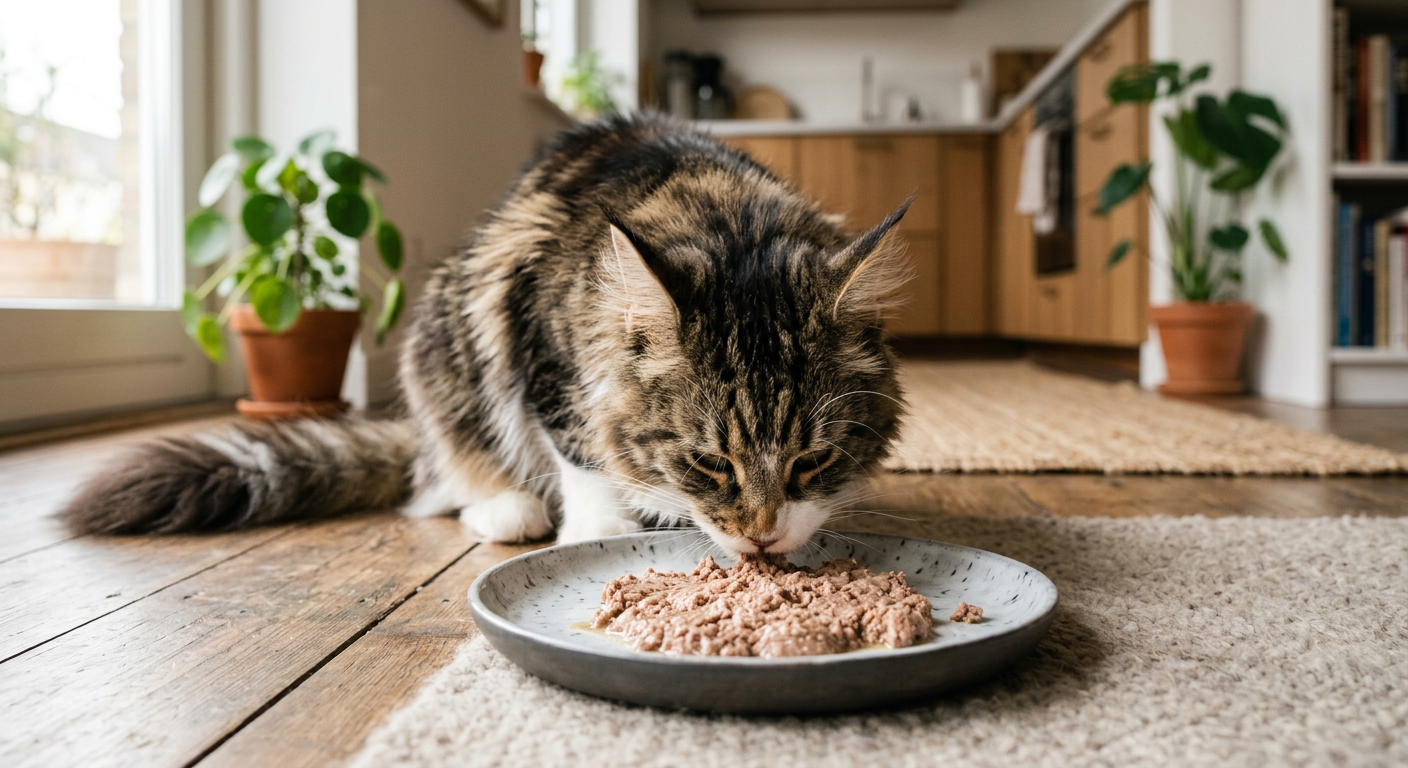 A wide, shallow ceramic cat dish filled with mashed wet food to prevent whisker fatigue.