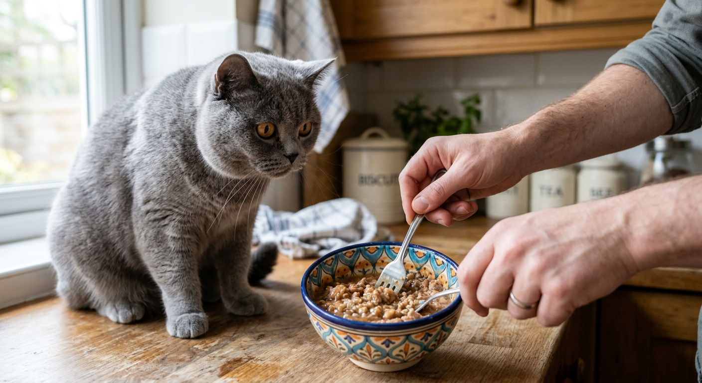 A person using a fork to mix gravy and meat chunks in a cat's food bowl.