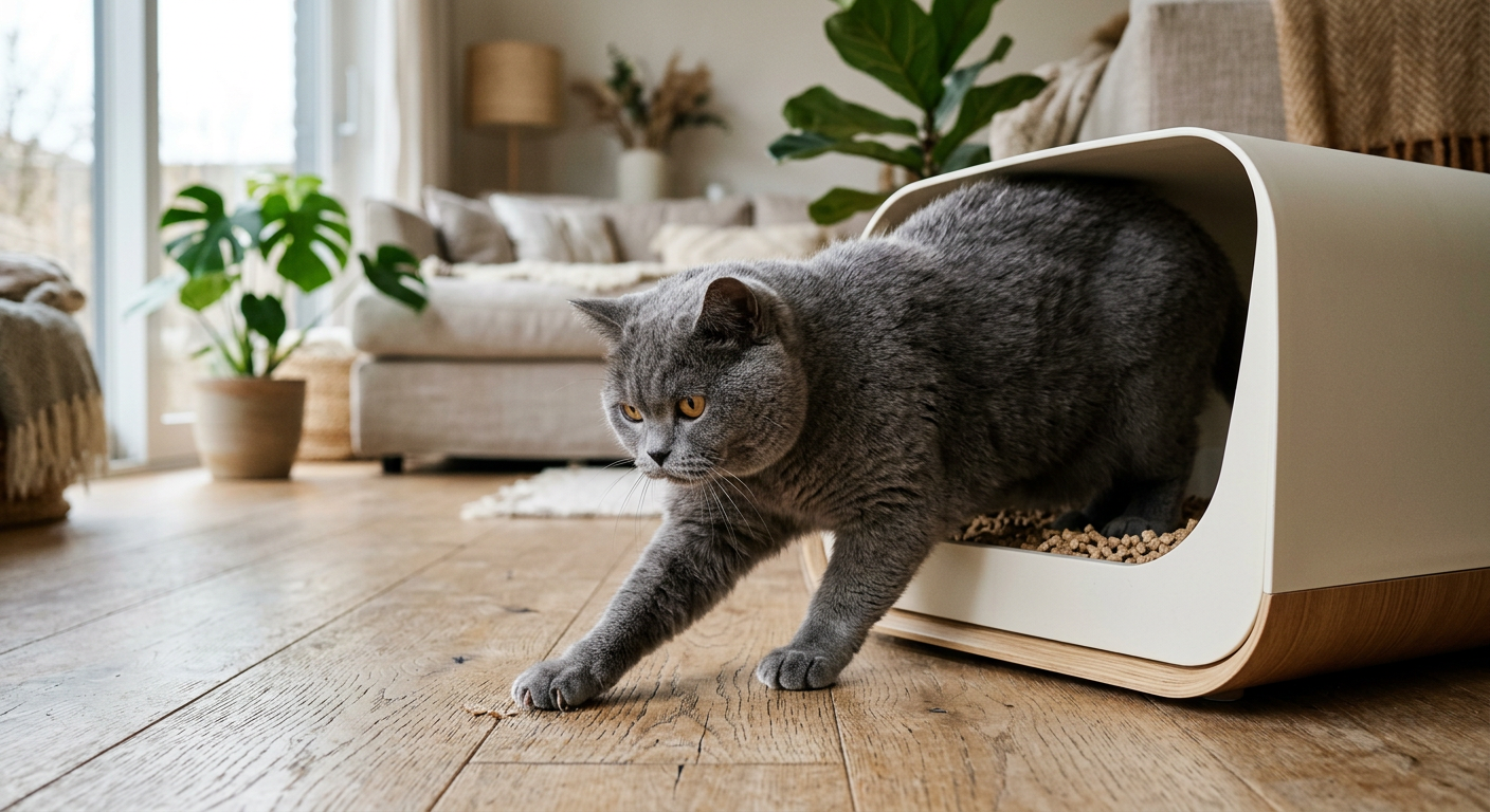 A grey British Shorthair cat standing in a litter box and reaching out to scratch the wooden floor beside it.