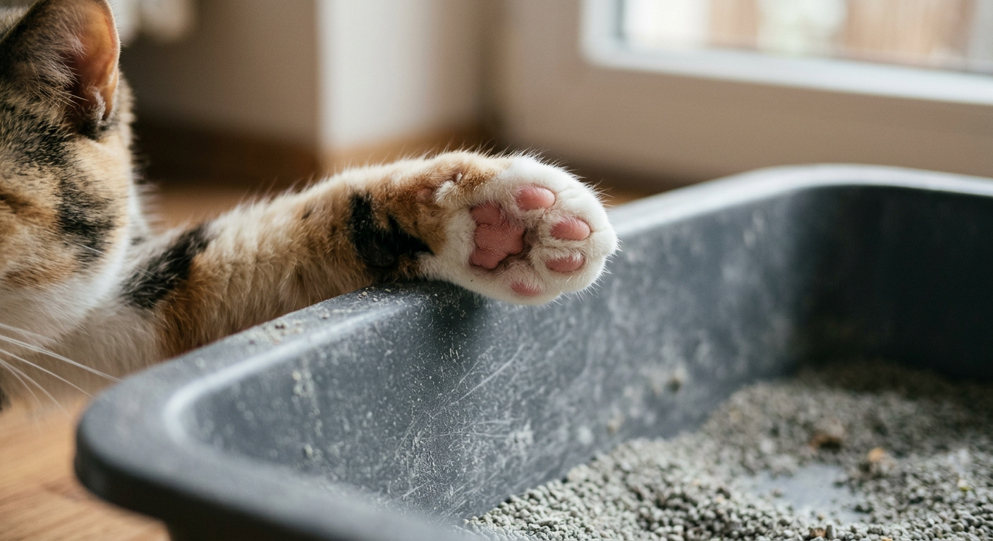 A close up of a cat's paw touching the rim of a plastic litter box with litter scattered nearby.