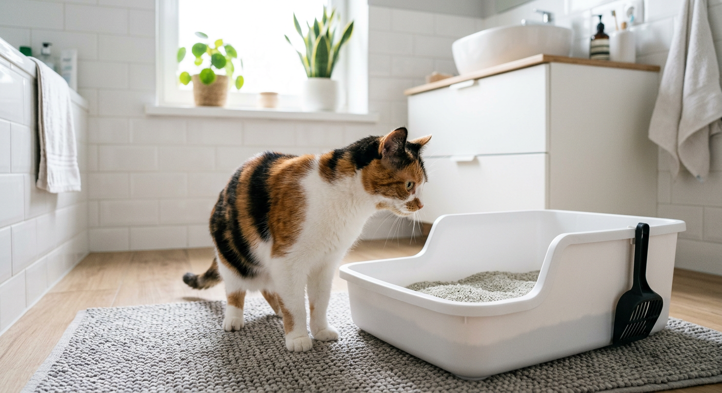 A Siamese cat looking thoughtfully at its litter box in a clean, brightly lit laundry room.