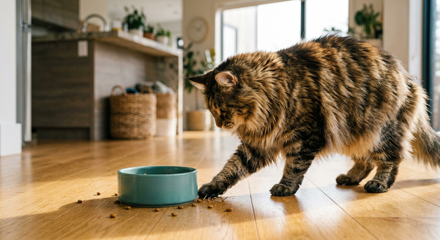 A Siamese cat intently scratching the wooden floor next to a ceramic bowl of cat food.