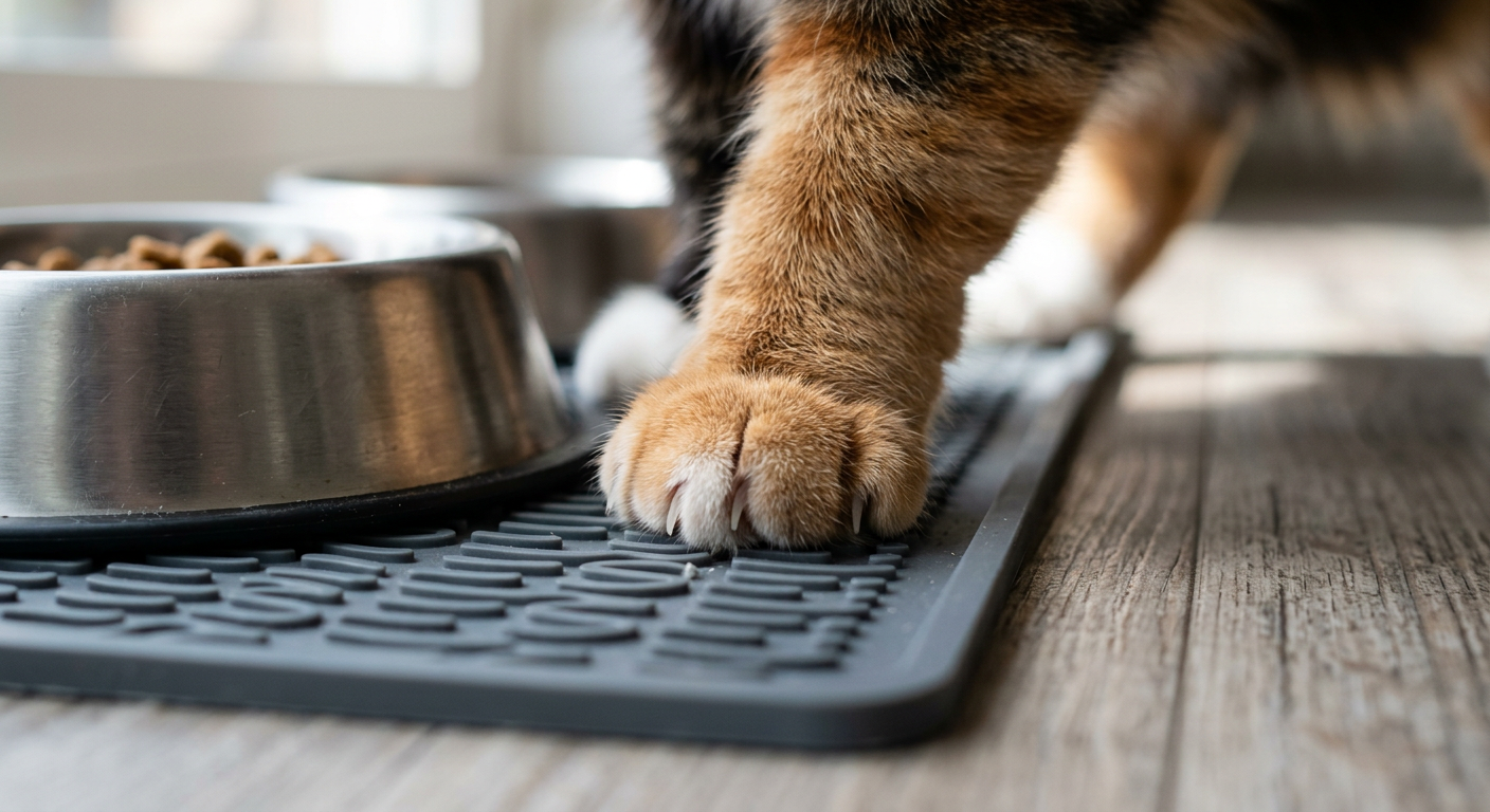 Close up of a fluffy Calico cat's paw touching a gray silicone feeding mat.