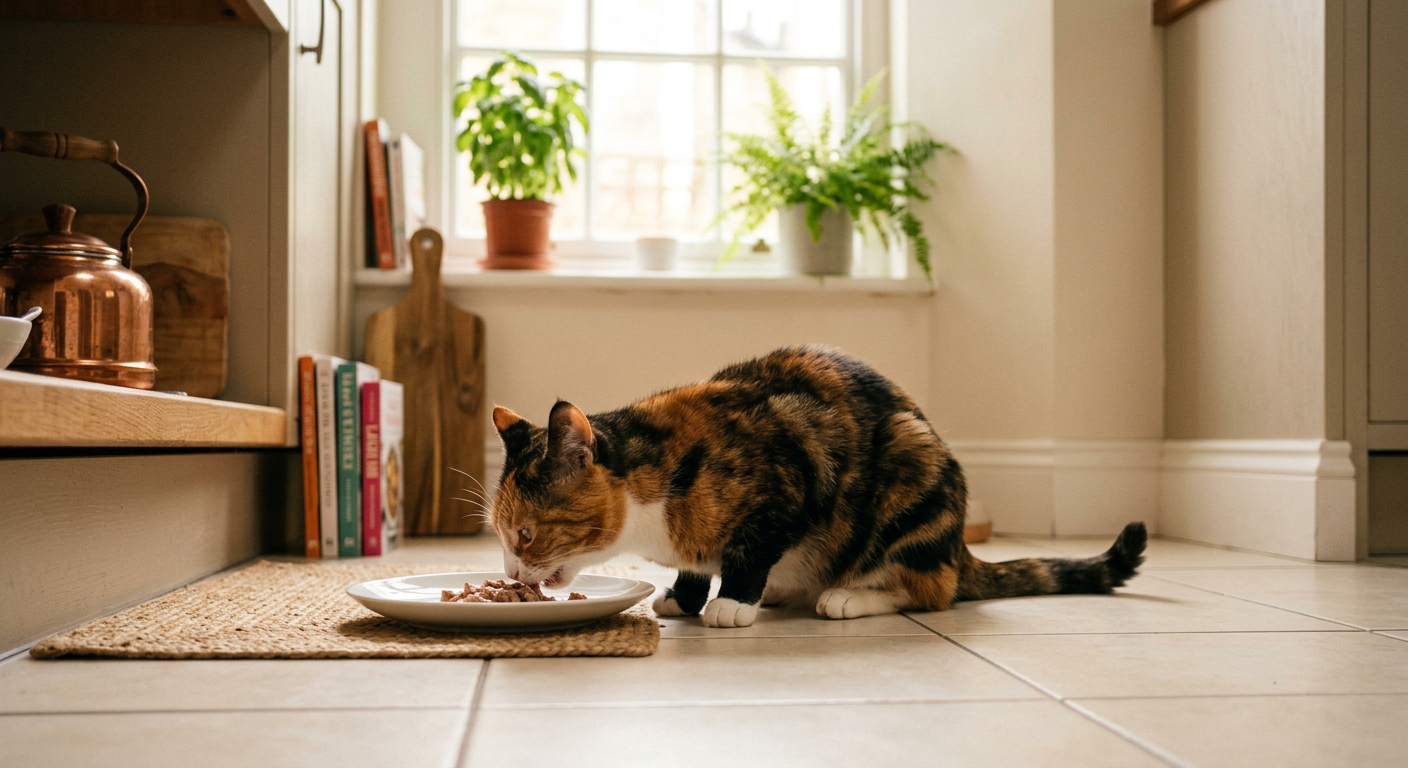 A domestic shorthair cat eating peacefully from a shallow white plate in a sunny kitchen corner.