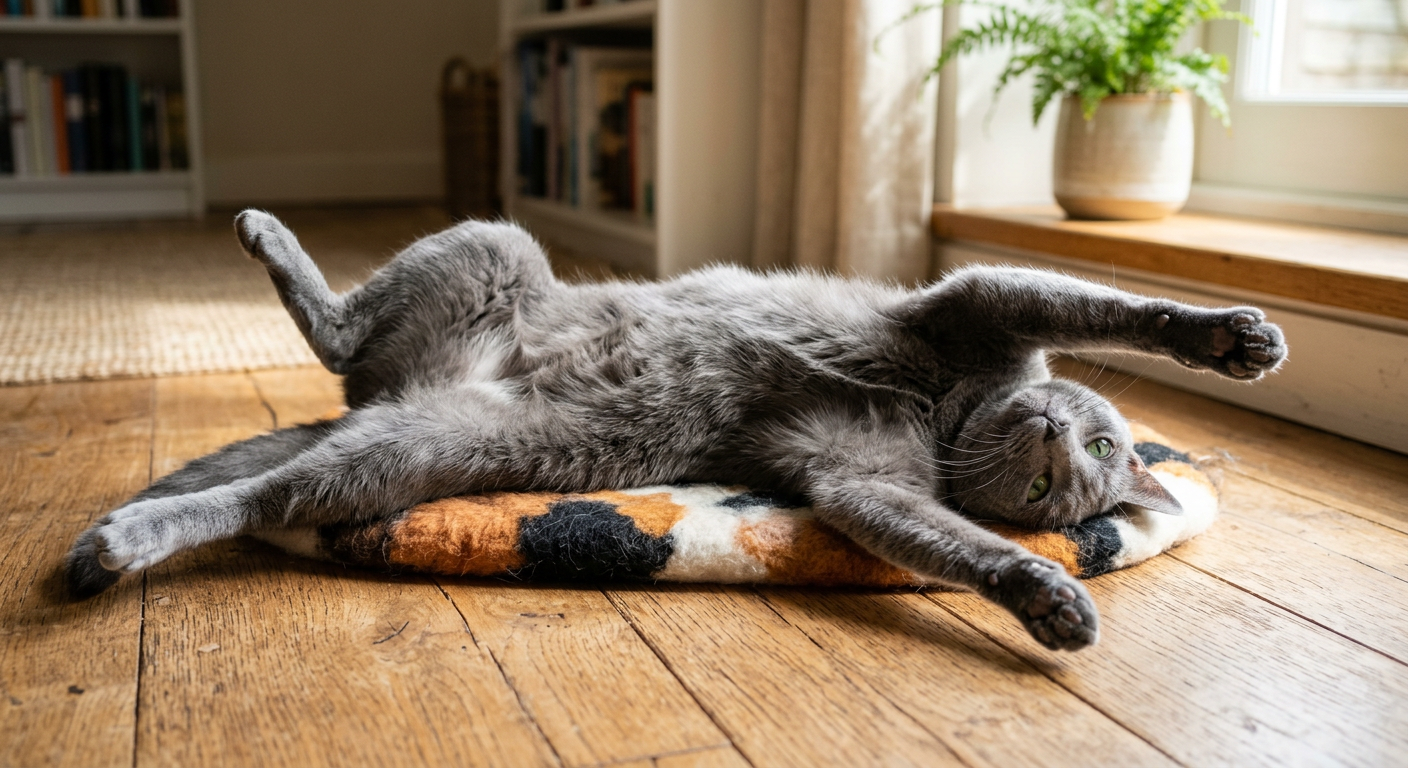 A fluffy calico cat lying on its back on a wooden floor showing its white belly fur.