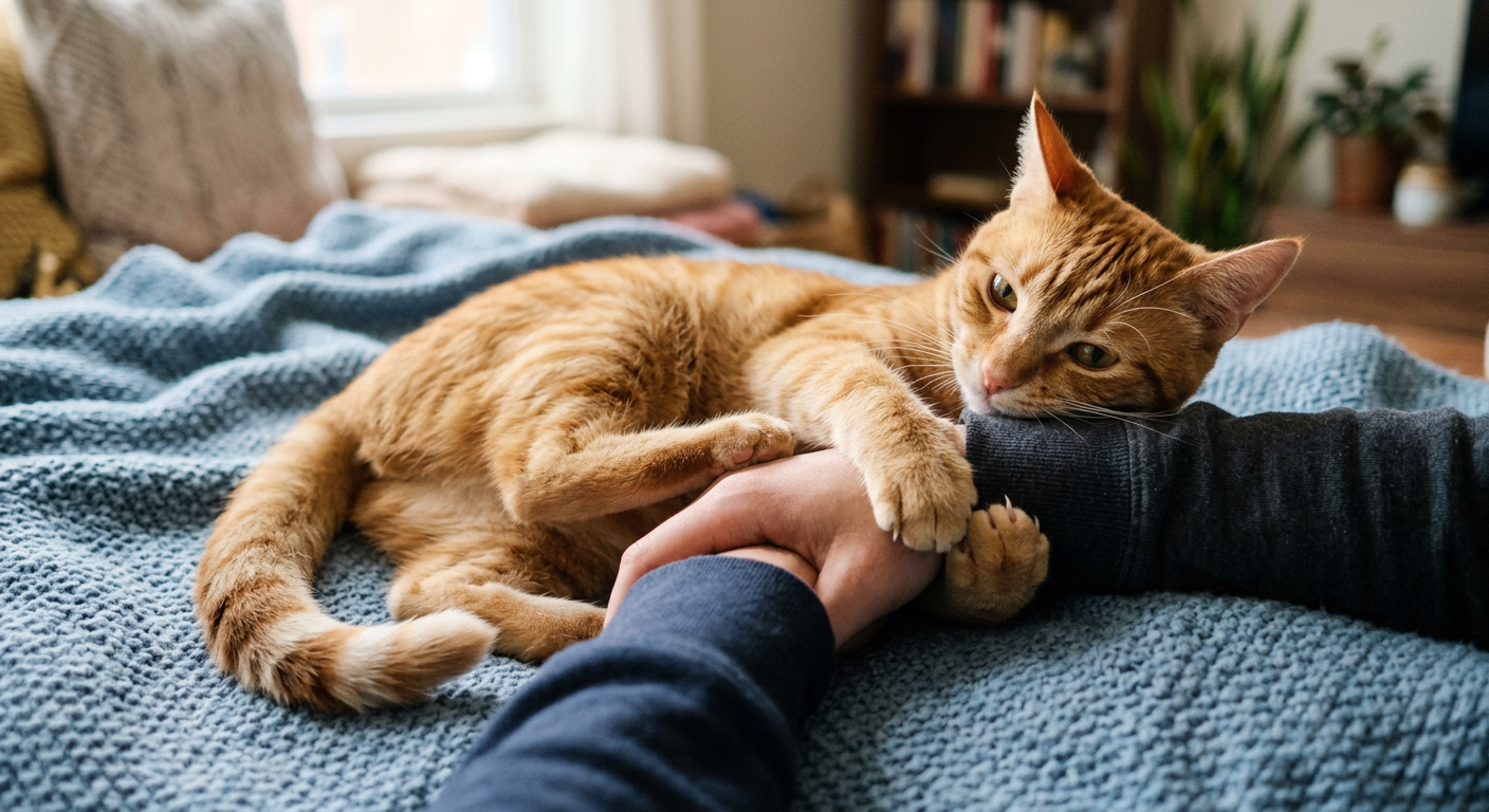 A ginger tabby cat grabbing a person's hand with its front paws and kicking with back legs.
