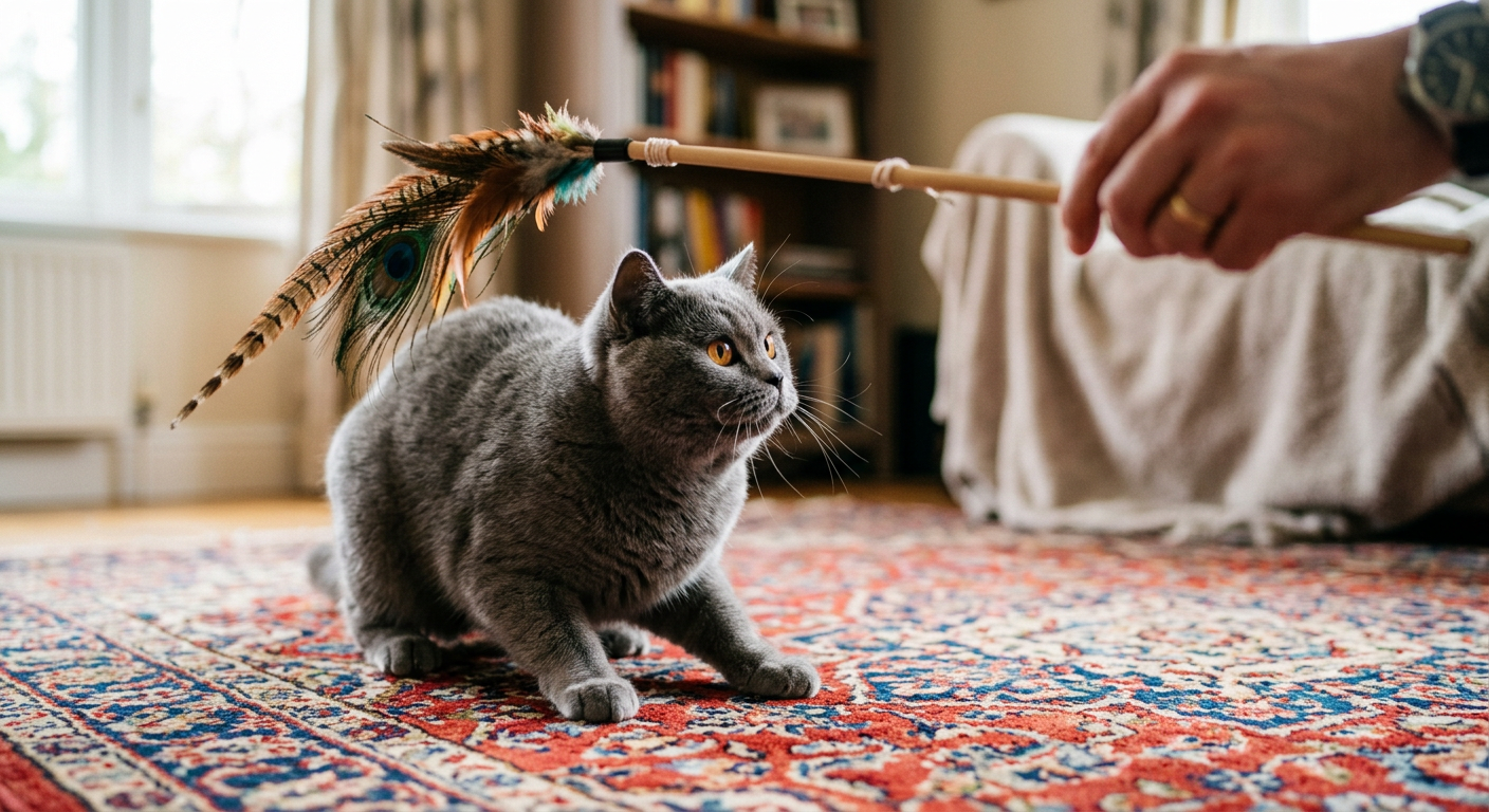 A person using a long feather wand toy to play with a grey cat on a rug.